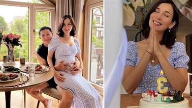 盧靖姍坐韓庚大腿慶祝37歲生日，夫妻兩人用手輕撫孕肚，畫面十分溫馨，7個月孕肚好大，網友：像快要生產一樣