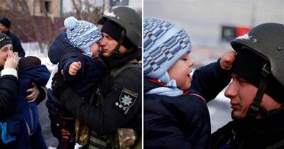揪心一幕！烏克蘭男童「不想跟爸爸分開」嚎啕大哭，手搥頭盔「不要糖果只要把拔」看哭無數人：好感動