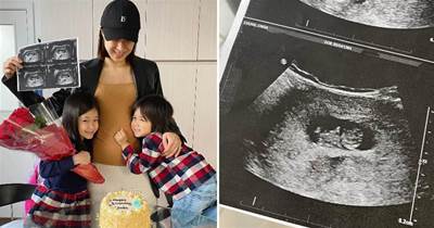 鐘嘉欣38歲生日宣布「三胎」喜訊，一對子女抱媽媽肚子聽胎心溫馨有愛，身材依然纖細苗條：女神范十足