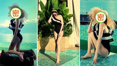 38歲李彩樺穿泳衣度假，跪坐墊上秀一雙細長腿，頭戴大草帽好搶鏡，網友：潮流范十足