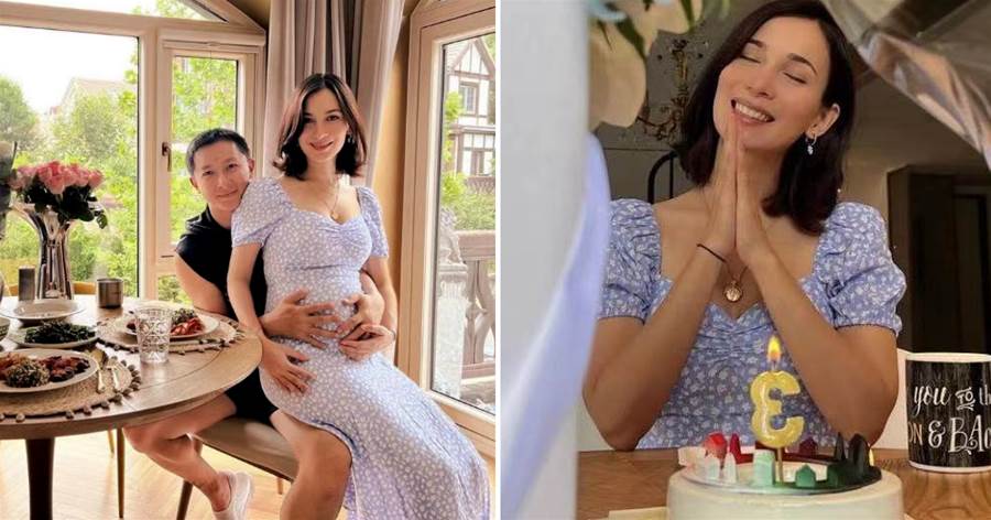盧靖姍坐韓庚大腿慶祝37歲生日，夫妻兩人用手輕撫孕肚，畫面十分溫馨，7個月孕肚好大，網友：像快要生產一樣