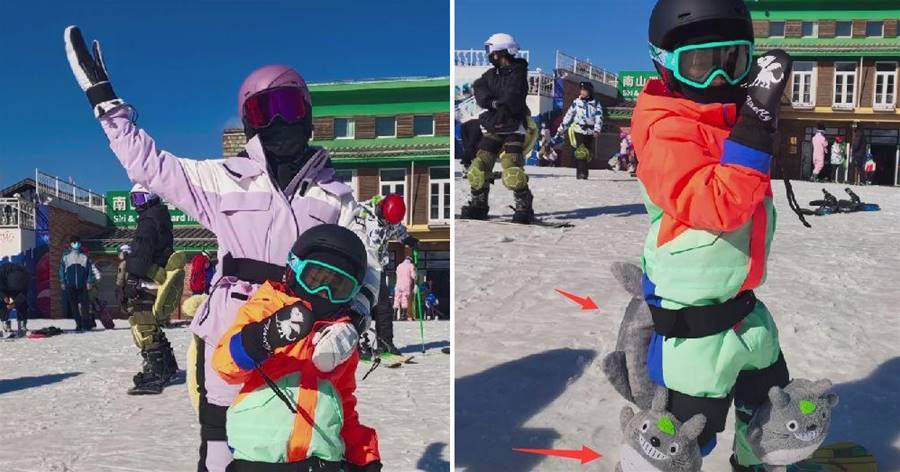 陳妍希帶兒子外出滑雪，6歲小星星動作瀟灑，踩單板雪場馳騁，身上綁滿玩偶好呆萌